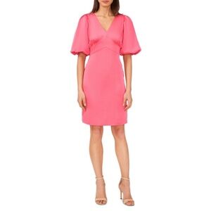 Halogen Pink Satin Dress Size XXS Puff Sleeve V-neck Short Dress NWOT